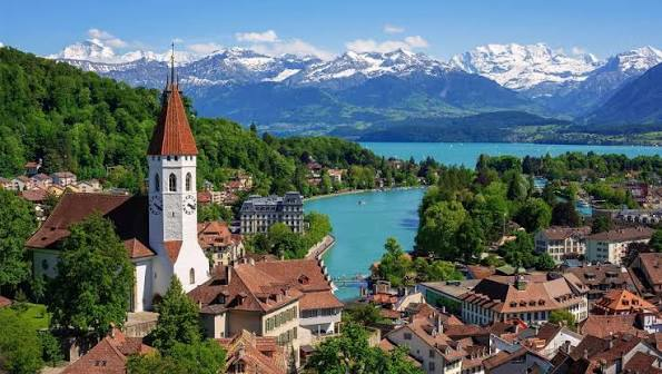 Swiss Alps above a mountain lake